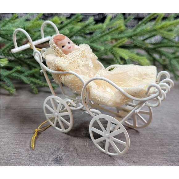 Vintage Dollhouse Bisque Head Baby In Victorian Stroller Christmas Ornament - Picture 3 of 12